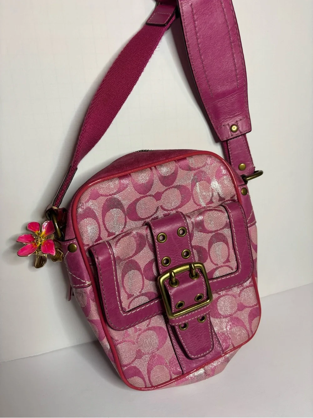 Coach Pink Signature Canvas Crossbody with Buckle Front